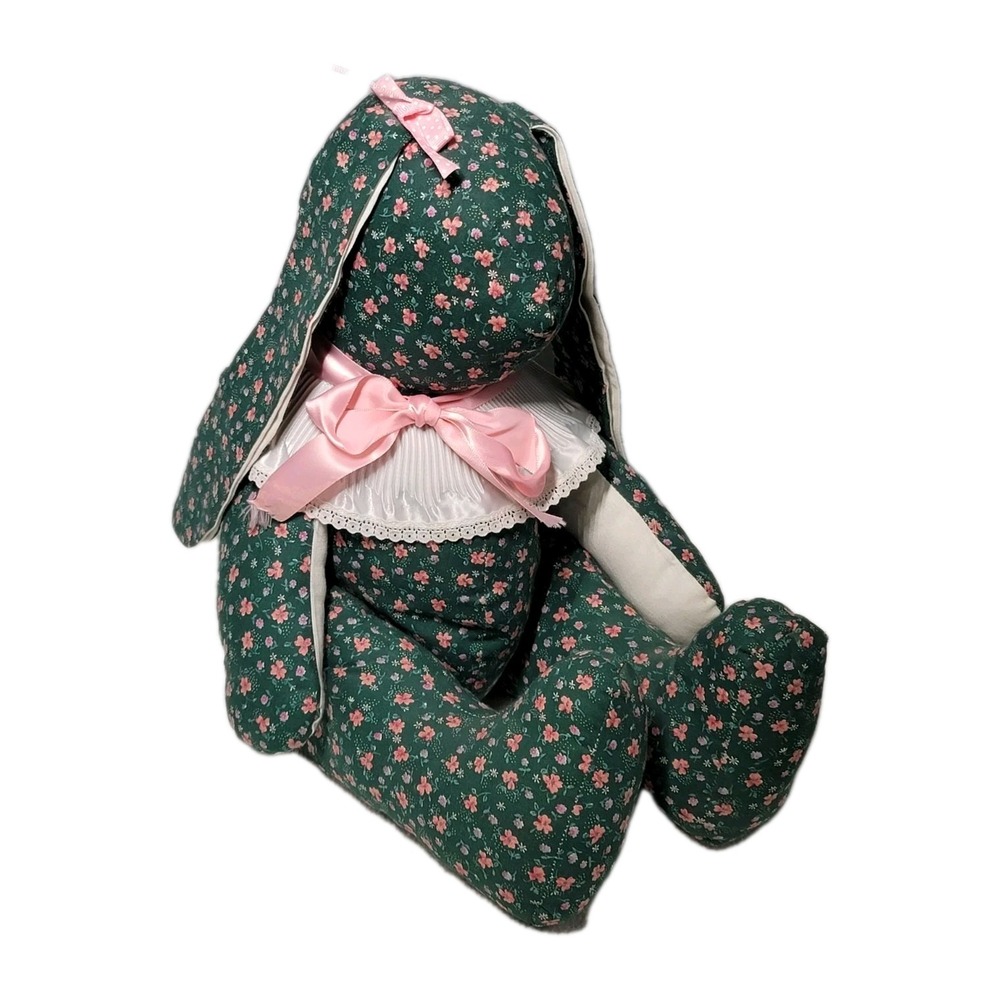 Handmade Stuffed Bunny Rabbit Shelf Sitter Green With Pink Flowers Heart Buttons